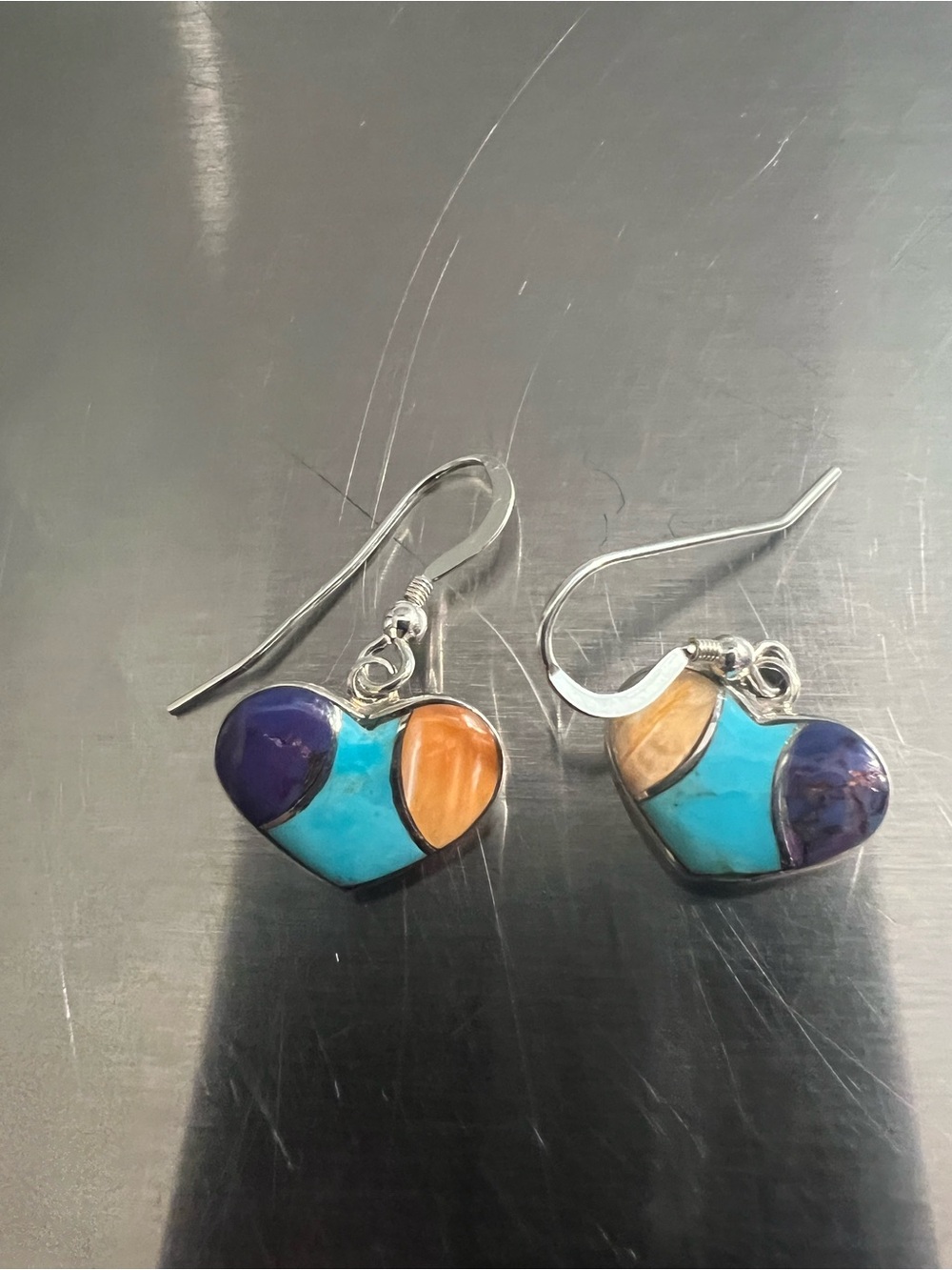 Sterling Silver Heart Drop Earrings with Turquoise, Purple & Orange Inlay